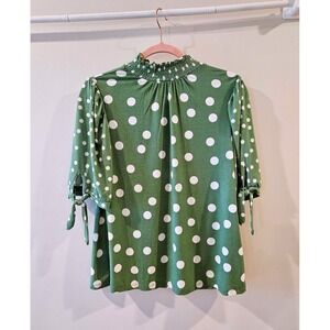 Cato Green Polka Dot Smocked Mock Neck Tie Sleeve Blouse Top Small